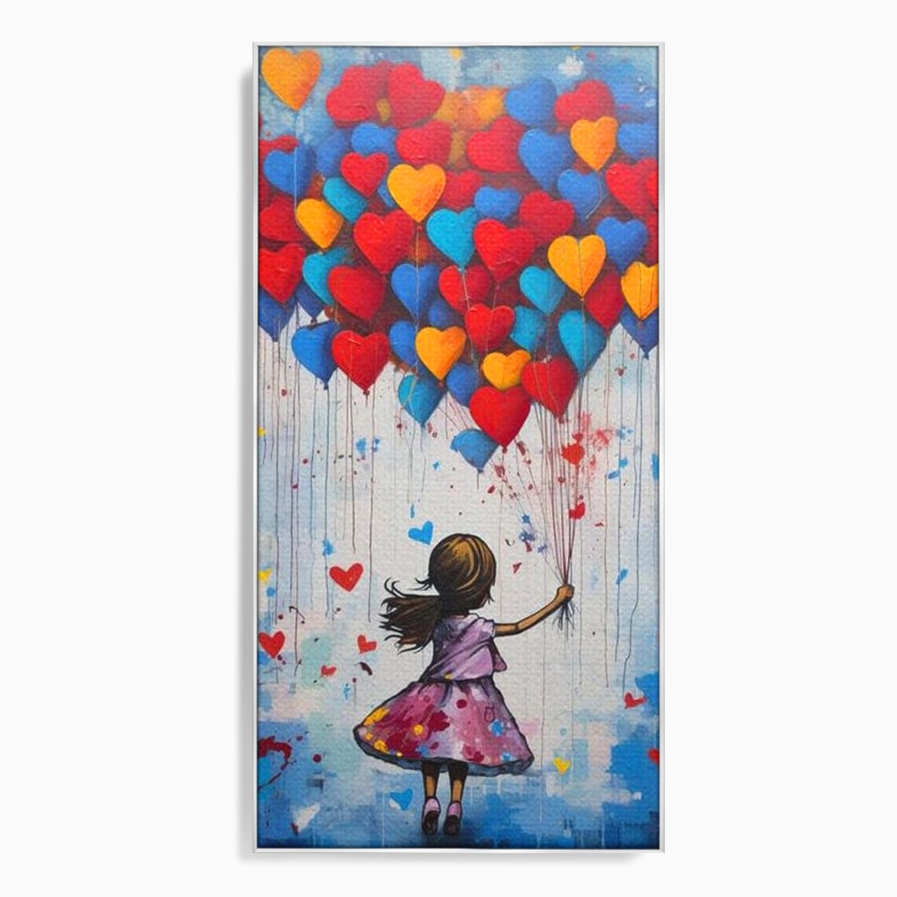 Tablou canvas cu tablou canvas cu fetita si baloane in forma de inima, in rama de aluminiu argintiu